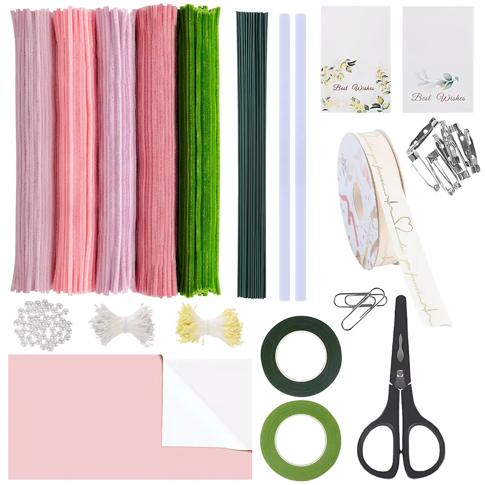Pipe Cleaners Craft Kit for Flower Making, DIY Bouquet Set with Chenille Stems, Floral Wire, Ribbon & Tools for Handmade Gifts and Decor