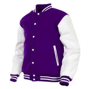 Deckra Men's Stylish Handmade Varsity Jacket - Genuine Leather Long Sleeves, Wool Body, Purple/White, With Pocket, Mens Casual Tops & Coats