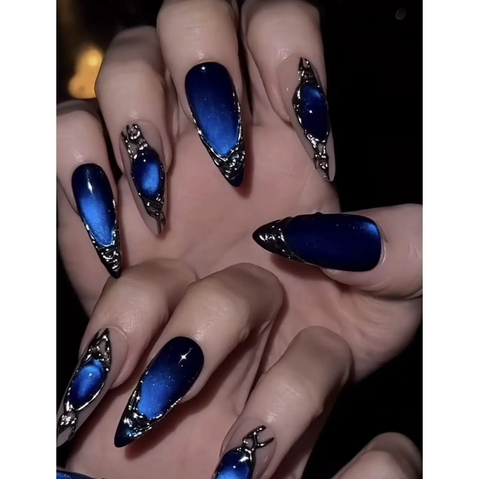 Midnight Royal Blue Cat Eye Nails with Silver Chrome Details, Luxury Gothic Velvet Press On Nail Design