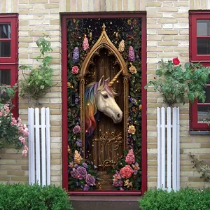 2pcs Magical Unicorn Decorative Door Wall Sticker Stereo Effect Enchanted Forest Flower Pattern Self Adhesive Wallpaper Sticker for Kids Room Bedroom Living Room Wall Decoration Removable Eco Friendly P