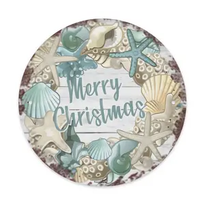 2D Flat, 1pc Vintage Coastal Beach Wreath Wall Decor - Turquoise & Golden Marine Decorations with Seashells (Starfish, Clam, Scallop) - Rustic Farmhouse Christmas Decoration for IndoorOutdoor - Merry