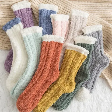 Women's Colorblock Fuzzy Fitted Crew Socks, Soft Comfy Warm Elegance Chic Mid-calf Socks for Fall & Winter, Polyester Women's Socks for Daily Wear, Cold Weather Gear Womenswear Lady Cozy Socks, Knitted Socks