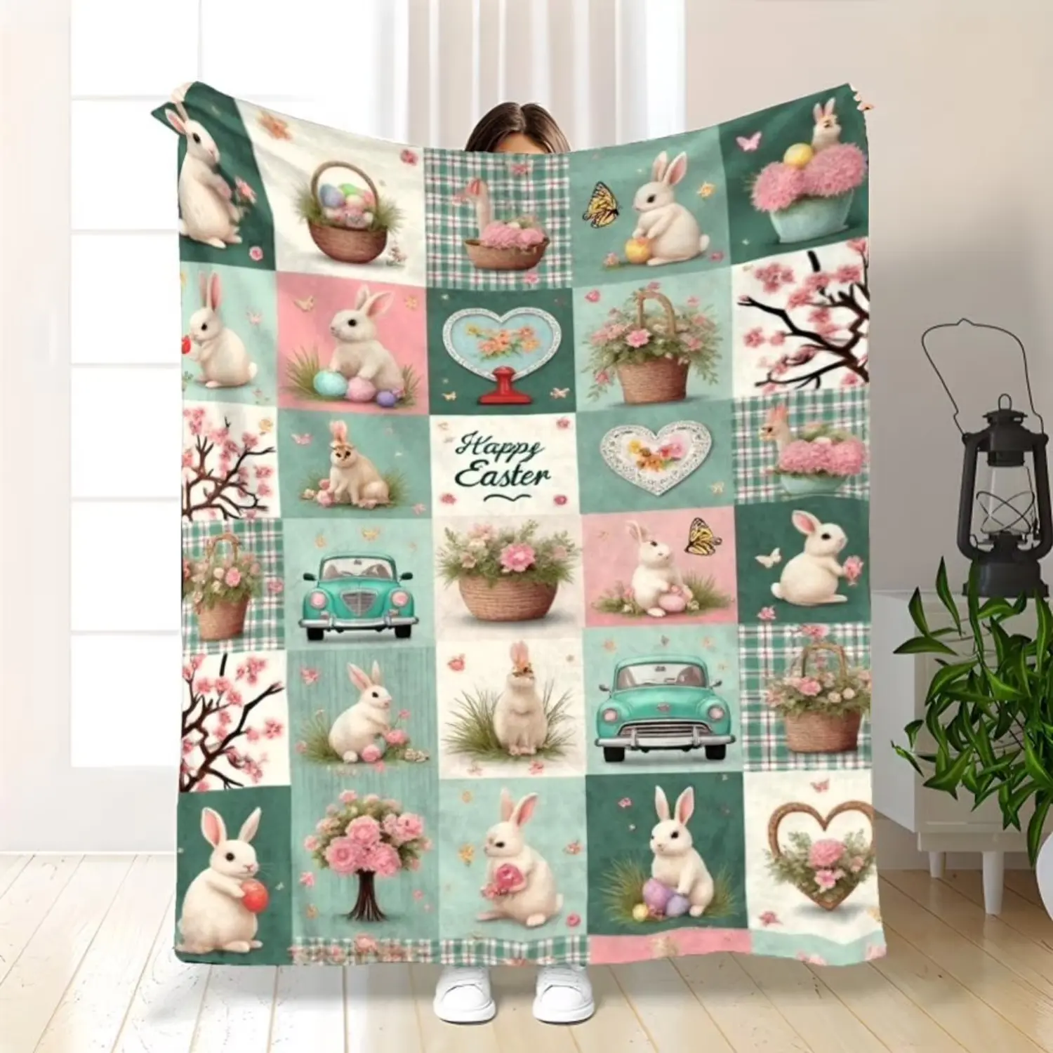 Easter Bunny Flannel Fleece Throw Blanket - 280gsm Soft Lightweight Polyester, Pastel Spring Floral Print with Rabbits & Chicks, Cozy All-Season Bedspread/Couch Cover Gift
