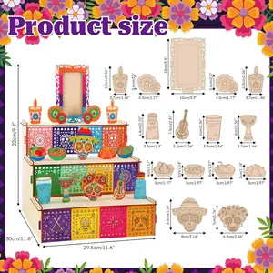 Dia De Los Muertos Altar Ofrenda Wooden Box Set Day of The Dead Ofrenda Box with Coloring Pens Watercolor Paint Set Remembrance Memory Shadow Gift Altar Supplies for Day of The Dead Decor