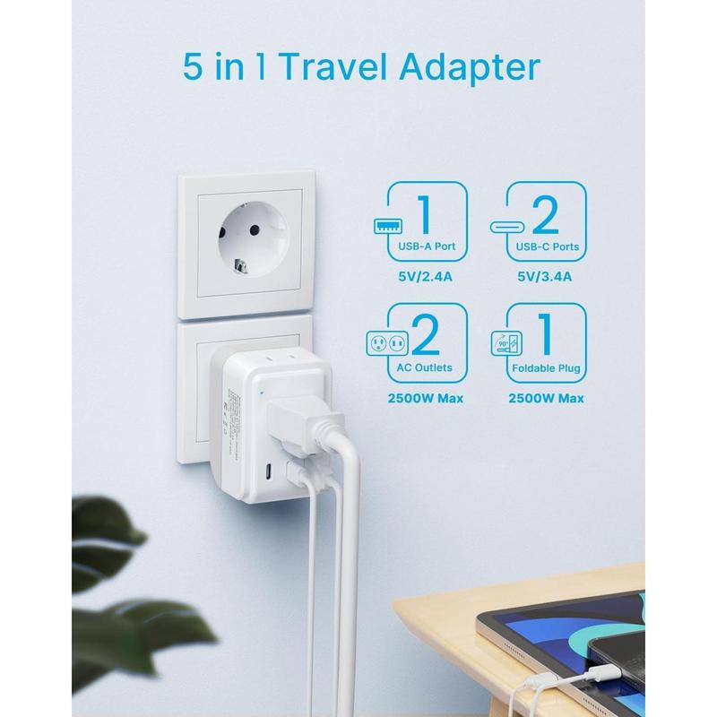 SQ-APT014 2 Pack European Travel Plug Adapter, Foldable International Power Adapter with 2 AC Outlets 3 USB Charging Ports(2 USB C), Type C Power Adaptor to Most Europe Italy Spain France Iceland Germany