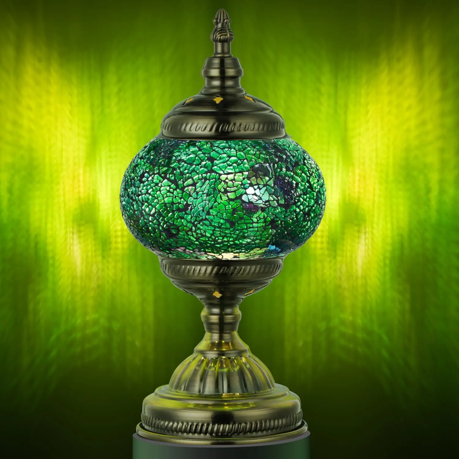 Moroccan Mosaic Lamp Turkish Table Lamp, Handmade Small Turkish Light with Glass Shard and Bronze Base Including LED Bulb for Living Room Bedroom Decor (Green)