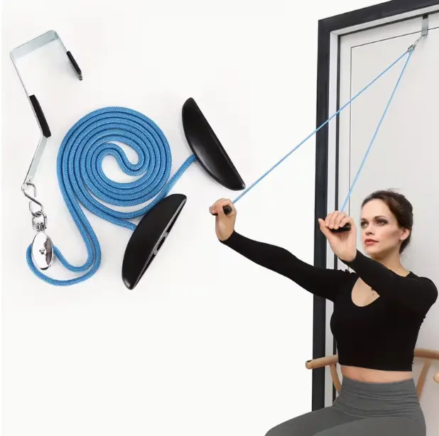Door Anchor Resistance Band Set with Blue Rope and Black Handles for Home Workout