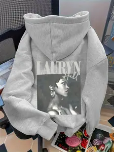 Women's Lauryn Hill Letter Print Long Sleeve Hoodie, Kangaroo Pocket, Drawstring Shoulder, Casual Loose Fit, Fall Fashion, Comfortable Wear