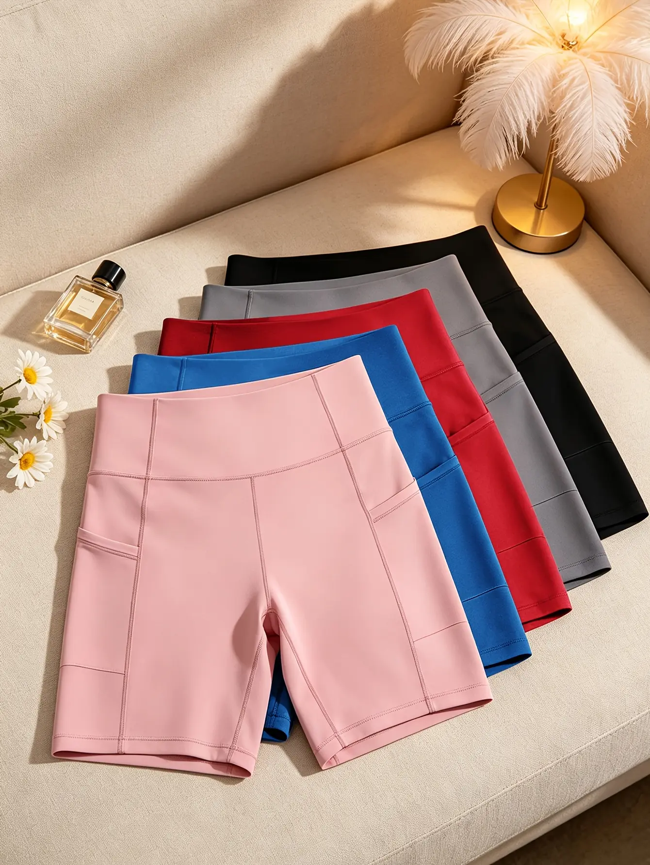 5PCS Women'S 2-Pocket Cargo Shorts -Waist Mid-Length Athletic Shorts, Suitable for Spring Summer, Machine Washable Solid Color Casual Athletic Shorts, Lifestyle Fashion Apparel, Non-Sheer Fabric, Suitable for Hiking, Riding, Yoga