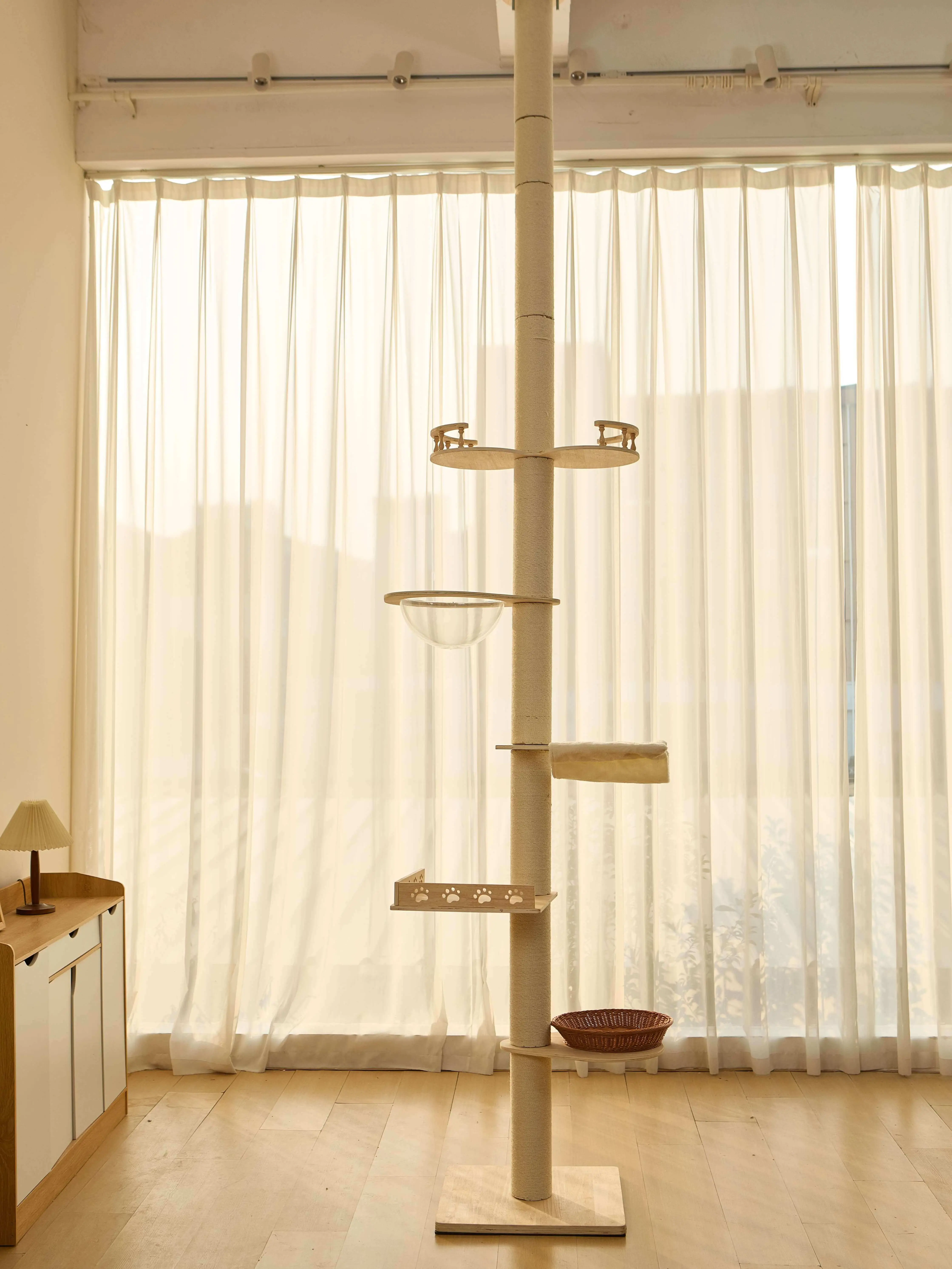 【Summervibes】Adjustable Height Cat Tree Tower (102-118”) – 5-Tier Hemp Scratching Post & Activity Center with Perches