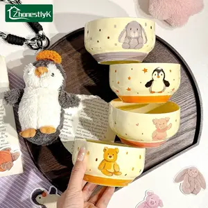 4 Pcs Cute Sweetheart Doll Ceramic Bowl Cartoon Anti-scald Soup Bowl Home Kitchen Noodle Ramen Tableware Bowl