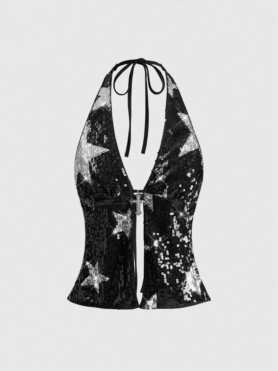 CROWNS Baddie Summer Beach Party, Festival Music Event Street Fashion, Millennium Y2K Halter Leopard Sequin Cross Pendant Women Tank Top