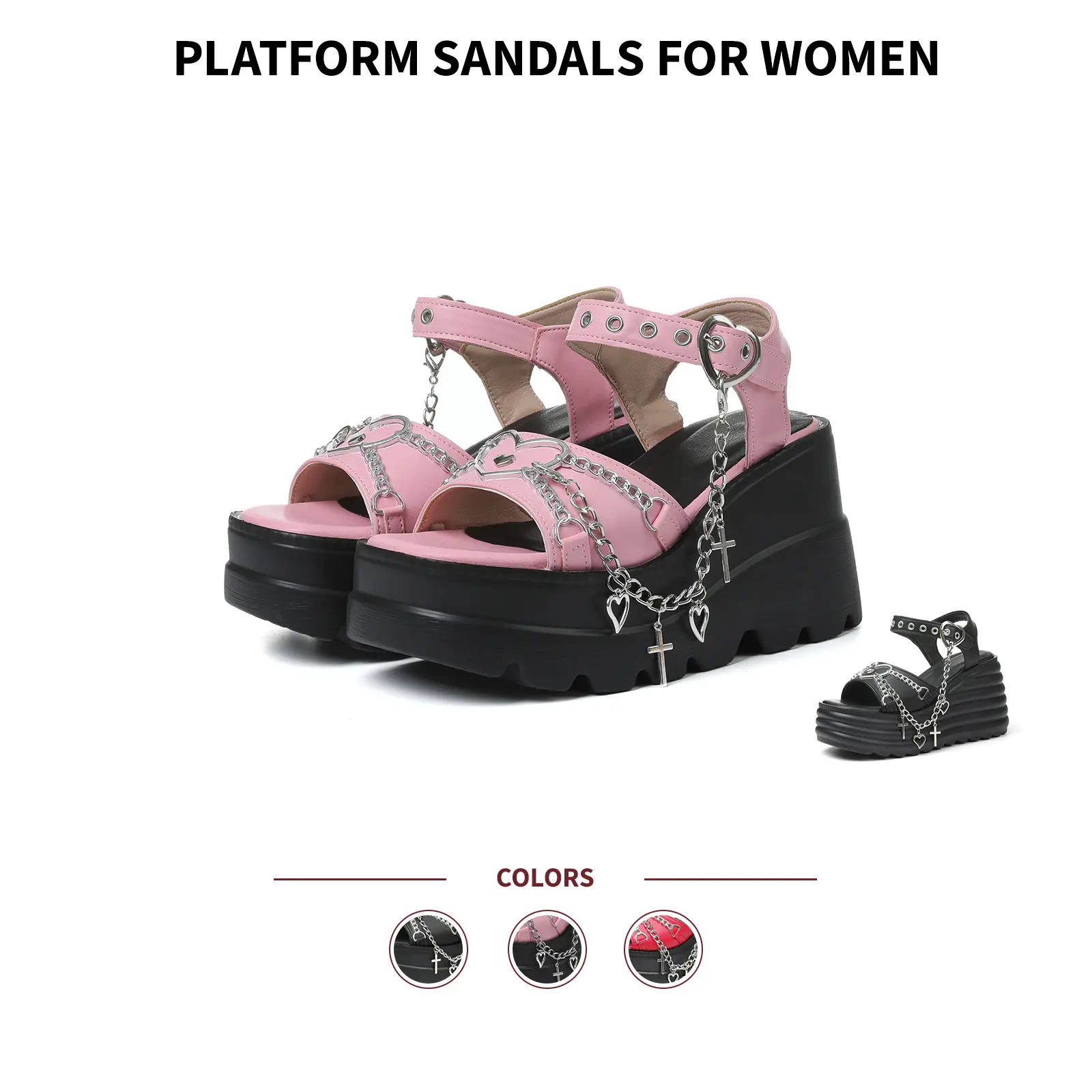Platform Sandals For Women Gothic Open Toe Chunky Wedge Heel  Heart Chain Buckle Adjustable Ankle Strap Comfortable Punk Style Fashion Y2K Cosplay Casual Outings Events Vacation Party Dress Summer Pumps Shoes Summerwins Tiktok Shop Back To School