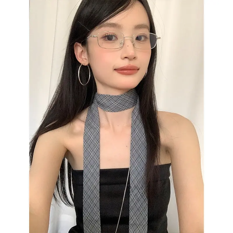 Women's Female Plaid Skinny Scarf, Vintage Narrow 100% Polyester Accessory, 190cm Length x 4cm Width, Versatile Neck Scarf or Hair Tie