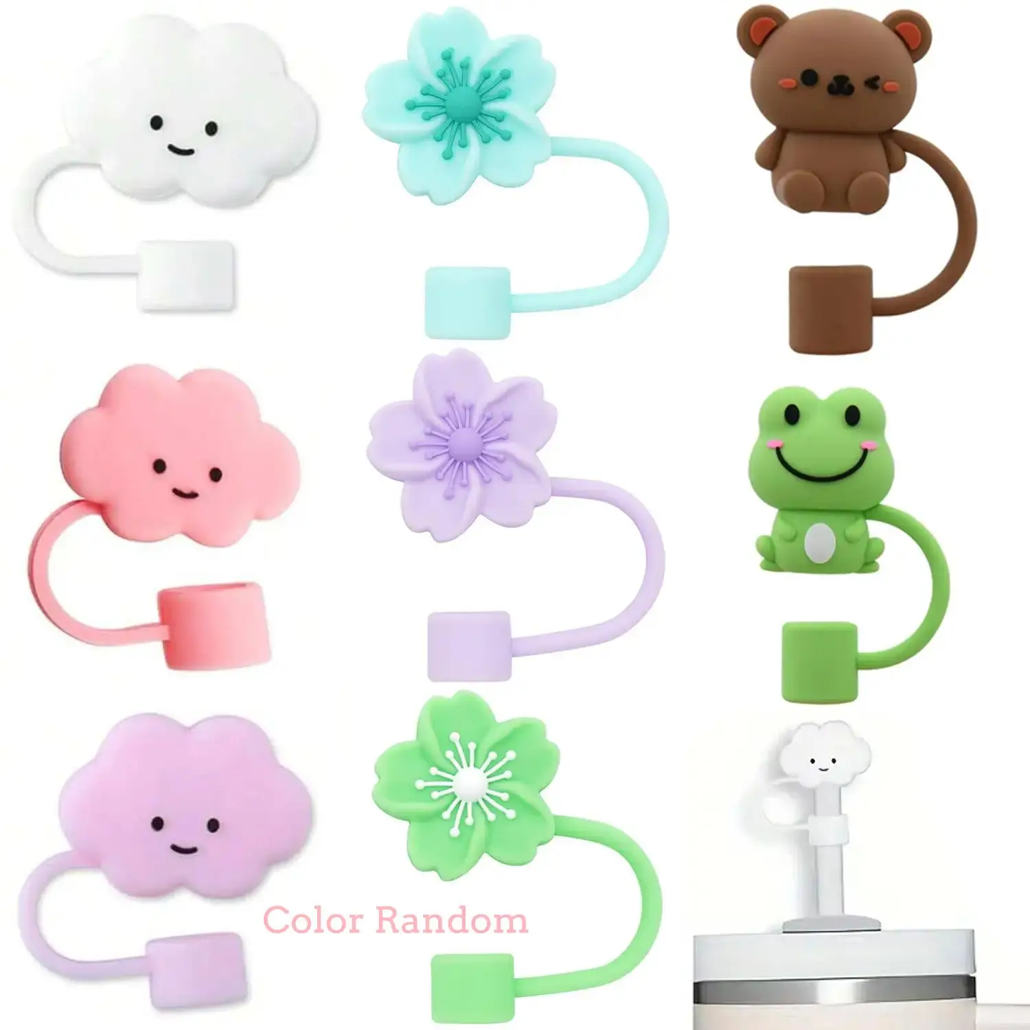 Kitchen Gadgets Flower Design Straw Cap, 8counts/set Cute Cartoon Straw Cap Cover, Reusable Straw Tip Cover, Drinkware Accessories for Home Kitchen, S