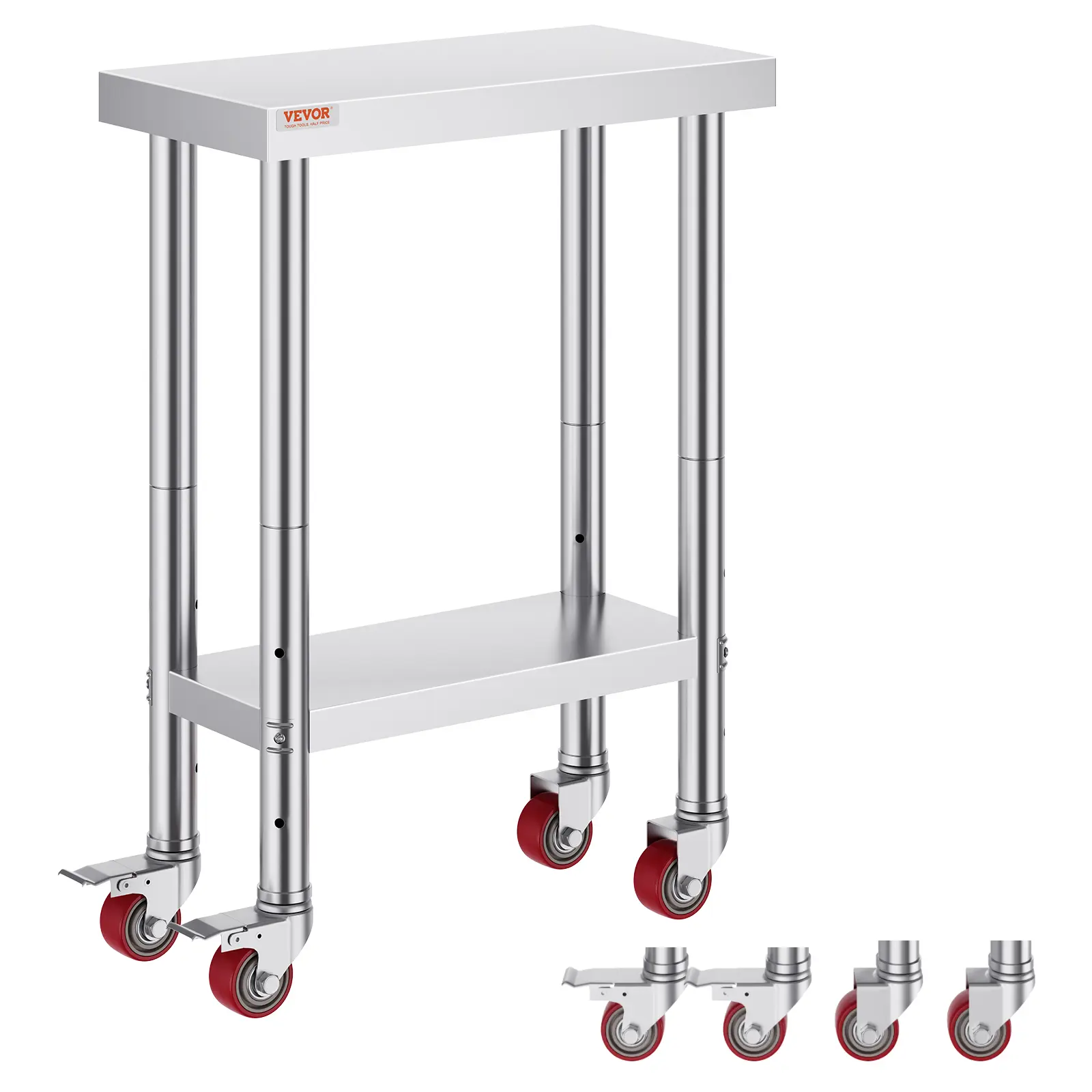 【summerfinds】VEVOR Stainless Steel Heavy-Duty Food Prep Work Table - 12x24x34 in, 700 LBS Load Capacity, 4 Smooth Wheels, 3 Adjustable Height Levels, Silver Storage Shelf, for Commercial Kitchens, Home Organizer, Garage Racks, Father's Day Gift