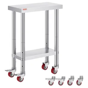 VEVOR Stainless Steel Heavy-Duty Food Prep Work Table, 12x24x34 in, 700 LBS Load Capacity, 4 Wheels, 3 Adjustable Height Levels, Silver Storage Rack for Commercial Kitchens
