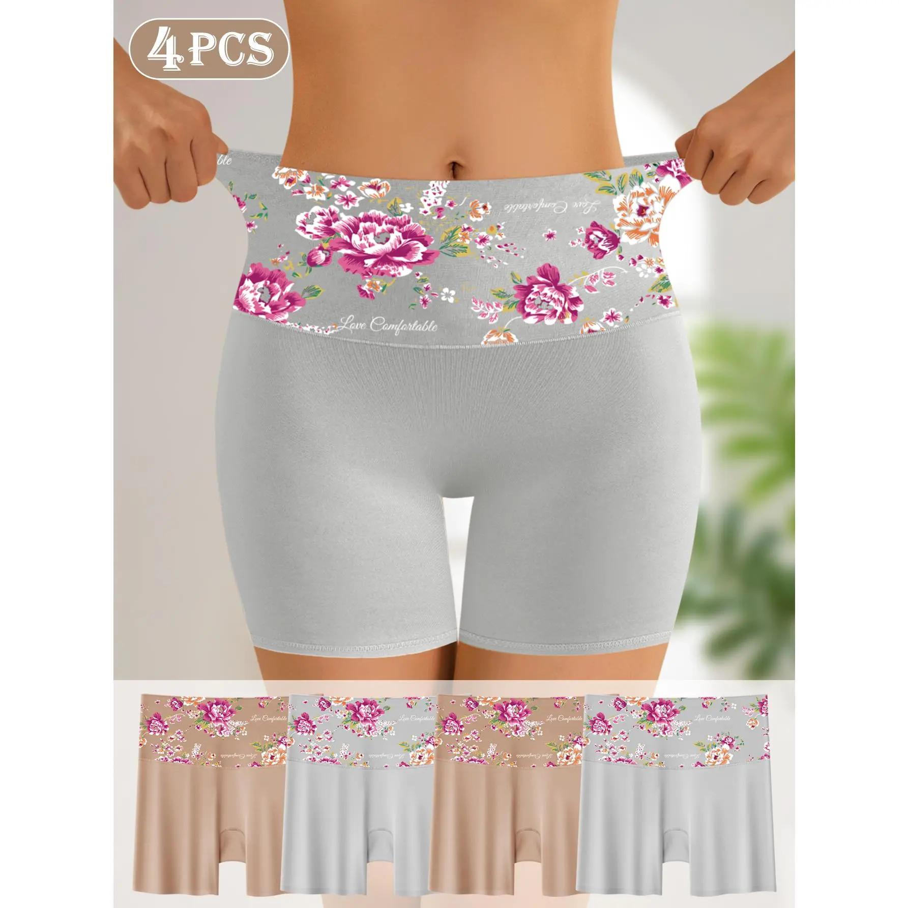 QUASTI 4-Piece High-Waisted Women's Slip Shorts - Floral Pattern Splicing, Smooth Lightweight Breathable, Tummy Control, Anti-Chafing Boyshorts for Dresses, Gym Workouts, S-XXL