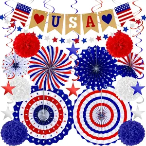 26 PCS 4th of July Decorations Set | Paper Fans, Pom Poms, Banner & Hanging Swirls Patriotic Party Decor Kit