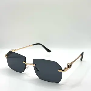 Minimalist Rimless Square Sunglasses with Gold and Leopard Accents for Men and Women - UV Protection Lightweight Comfortable Everyday Wear Fashion Accessory
