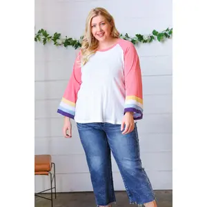 Pink Pointelle Color Block Wide Sleeve Pullover