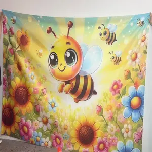 2D Flat 1PC Polyester Banner, Cartoon Bee Sunflower Theme, Cute Fresh Style Design, Ideal for Kids Birthday Party, Kindergarten Event, Indoor Outdoor Decor, Photography Background, Durable Polyester, Easy to Hang, Multi-size Available