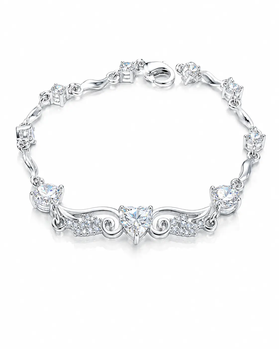 SKU-SL-012 Angel Wing Heart-Cut Moissanite Link Bracelet, Fashion Costume Jewelry Accessory