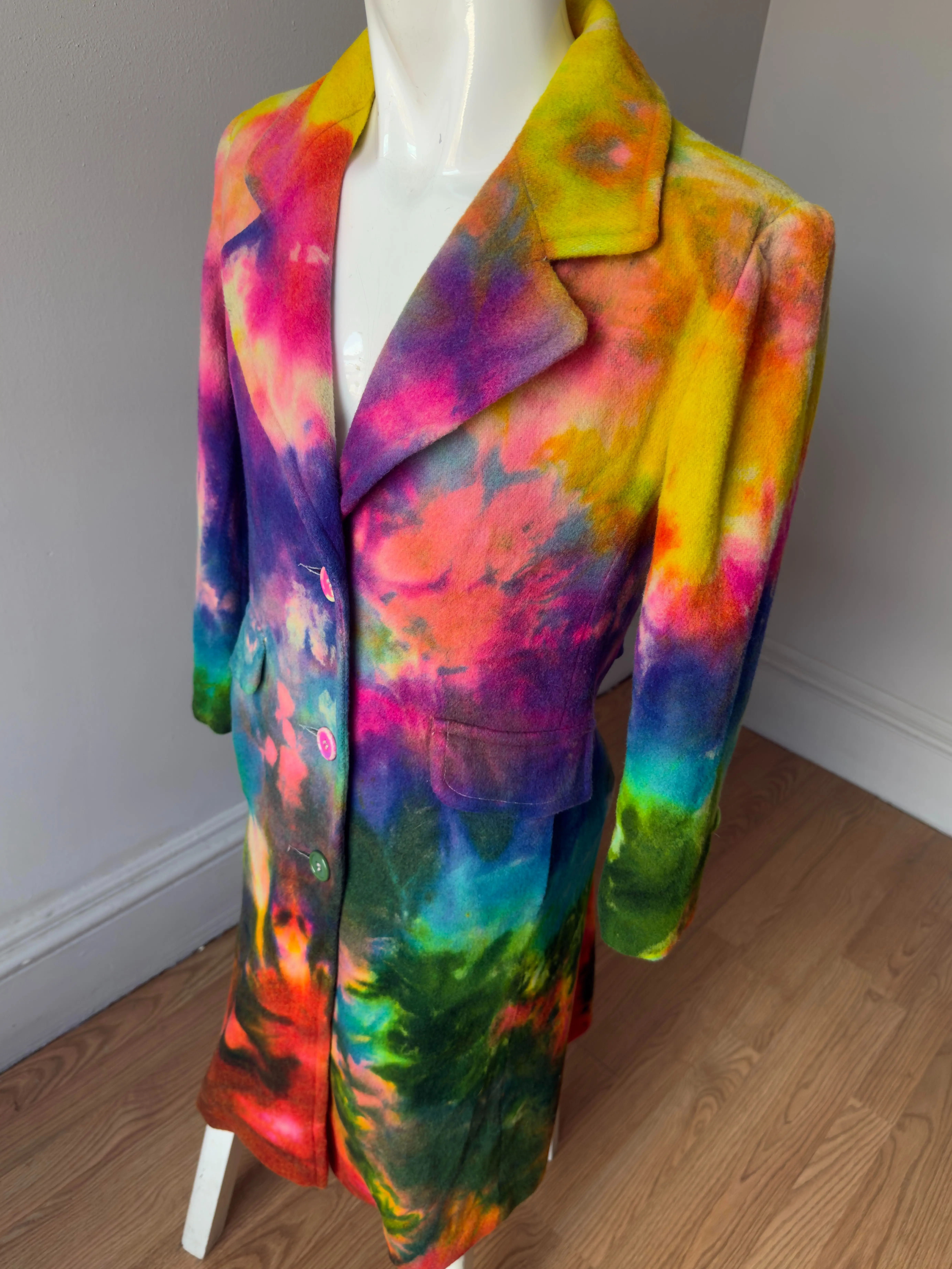 Tie Dye Women’s Petite S-M Rainbow Wool long coat button up jacket