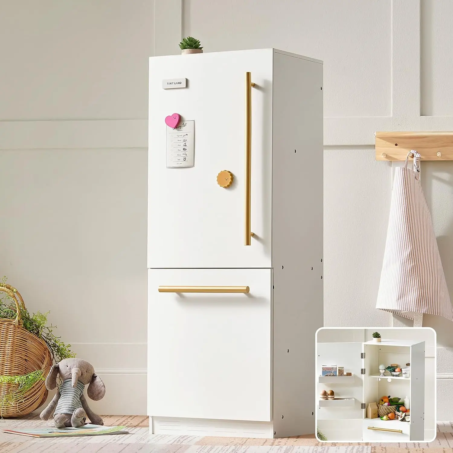 Tiny Land Wooden Play Fridge for Kids with Storage Shelves, Freezer Compartment and Magnetic Decorations, Ages 3+