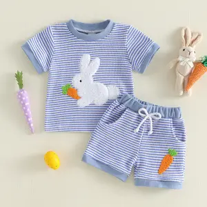 Imcute Toddler Baby Boy Girls Easter Outfits Short Sleeve Bunny Carrot Embroidery Tops and Elastic Waist Striped Shorts 0-3 Years