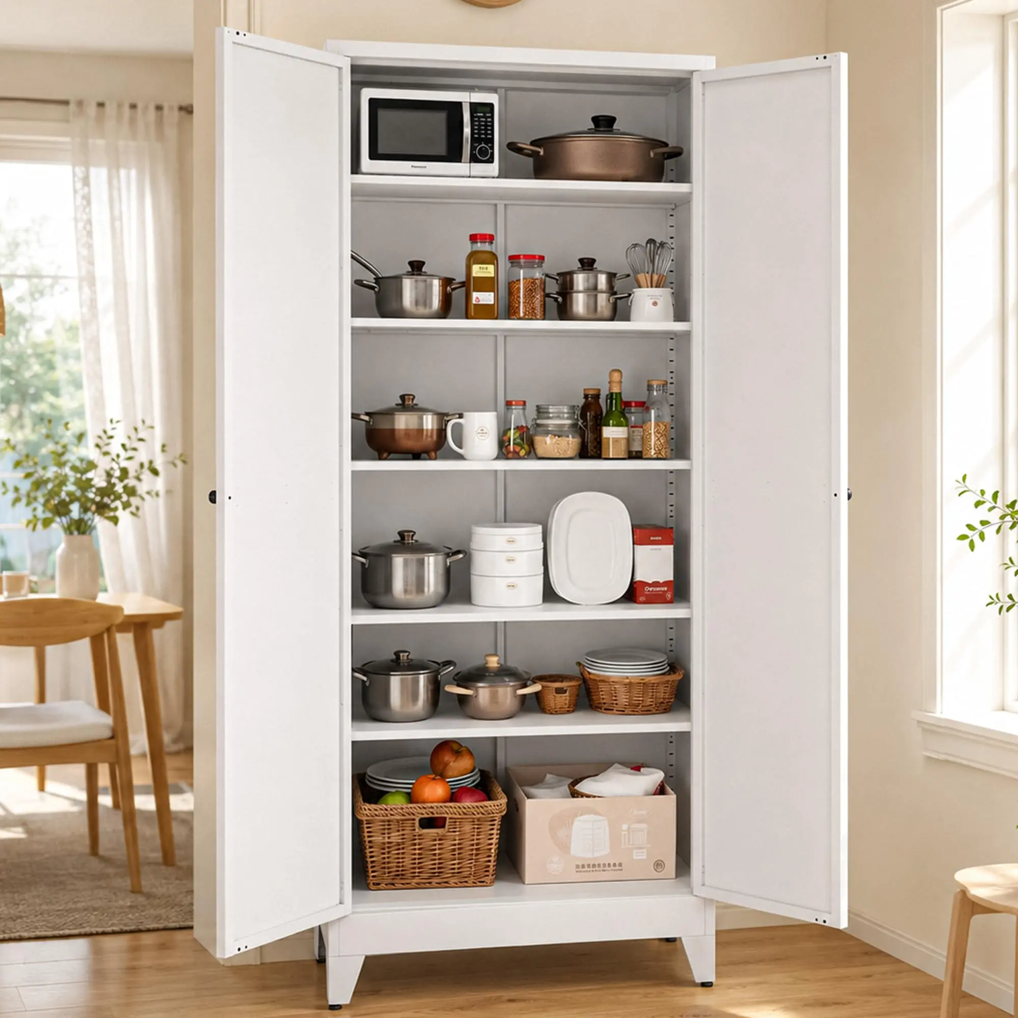 Metal Pantry Cabinet with 2 Doors and Adjustable Shelves Available in 3 sizes: 47"61" 75" Kitchen Storage Cabinet with Gold Handles - Versatile Storage for Kitchen, Bathroom, Dining Room, Utility Room