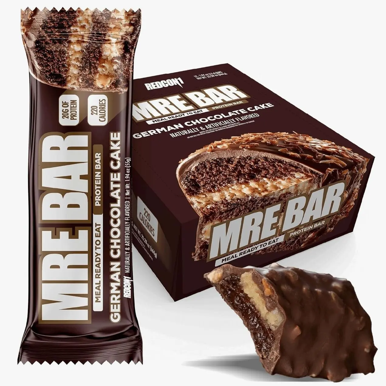 REDCON1 MRE Protein Bars German Chocolate Cake - 12 Count, 20g High Protein Snack - Nutrition Bar - On-The-Go Breakfast or Post-Workout Snack