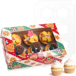 30 Pack Christmas Cupcake Boxes 6 Count Gingerbread Cookie Containers Carrier with Insert Trays Window and Stickers for Cup Cake Bakery Pastry Candy Packaging Holiday Party