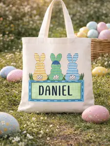 Personalized Easter Tote Bag Reinforced Handles Easter Egg Hunt Boy Girl Gift Custom Bunny Baskets