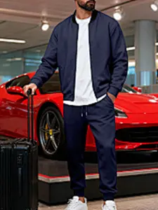 Men's Casual Fitted Baseball Jacket Set, Fall & Winter Thin Zipper Sports Leisure, Loose Fit American Style