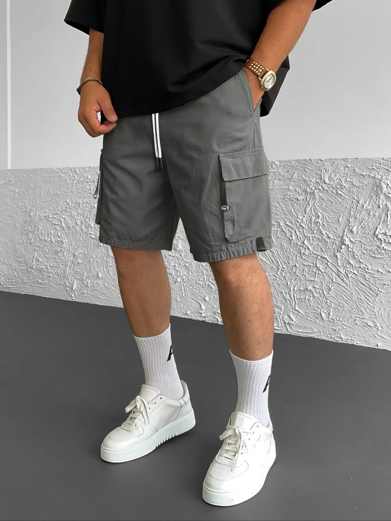 Men's Solid Flap Pocket Cargo Shorts, Regular Fit Casual Breathable Drawstring Waist Shorts for Summer, Men's Bottoms for Daily Wear, Menswear, Drawstring Waistband Shorts