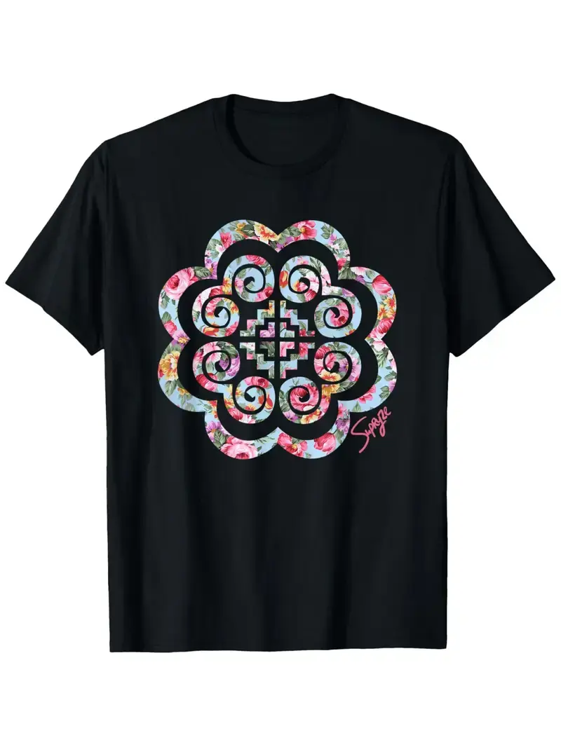 Hmong Pink Floral T-Shirt,  Explosion, High Cost Performance, Comfortable T-Shirt, 100% Cotton, Light And Breathable, Seasonal Suitability, Printed Fashion shirts women casual outfits women women's shirts Fabric Top