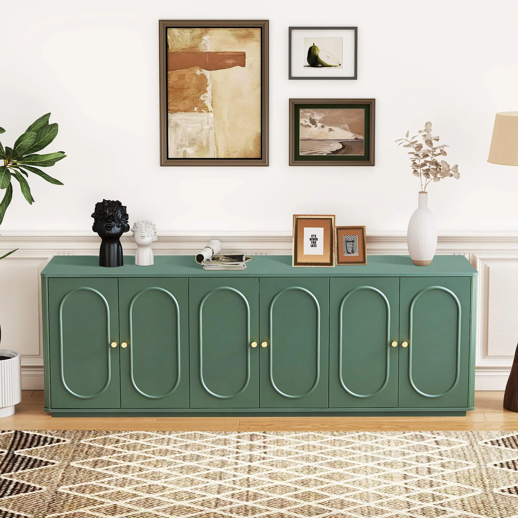 Giratree 63'' Fluted Sideboard Buffet Cabinet with 6 Doors, Modern Wooden Accent Storage Credenza Console Table for Kitchen, Dining Room, Living Room, or Entryway, Adjustable Shelves and Fluted Wave Design