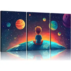 3Pcs Space Boy Canvas Wall Art Cute Inspirational Space Fantasy Wall decor pictures with Planet Pattern poster Prints Painting for Child’s Bedroom and Home Decoration Ready To Hang 12x16in canvas