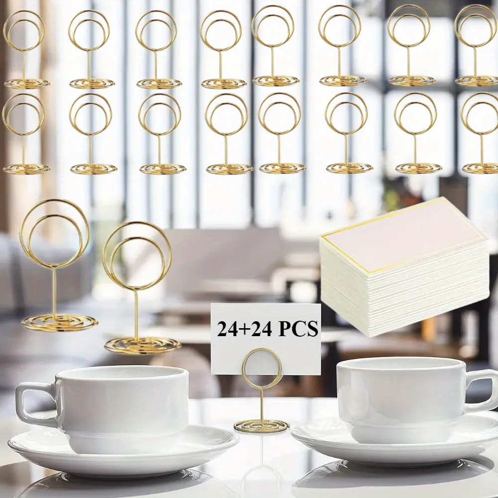 24 Pack Place Card Holders for Signs With 24 Pcs Place Cards - Gold Table Number Holders - Photo Holders for Centerpieces Weddings - Photo Stand Clip - Picture Holder for Tables - Wire Food Signs Restaurant Setting Cards