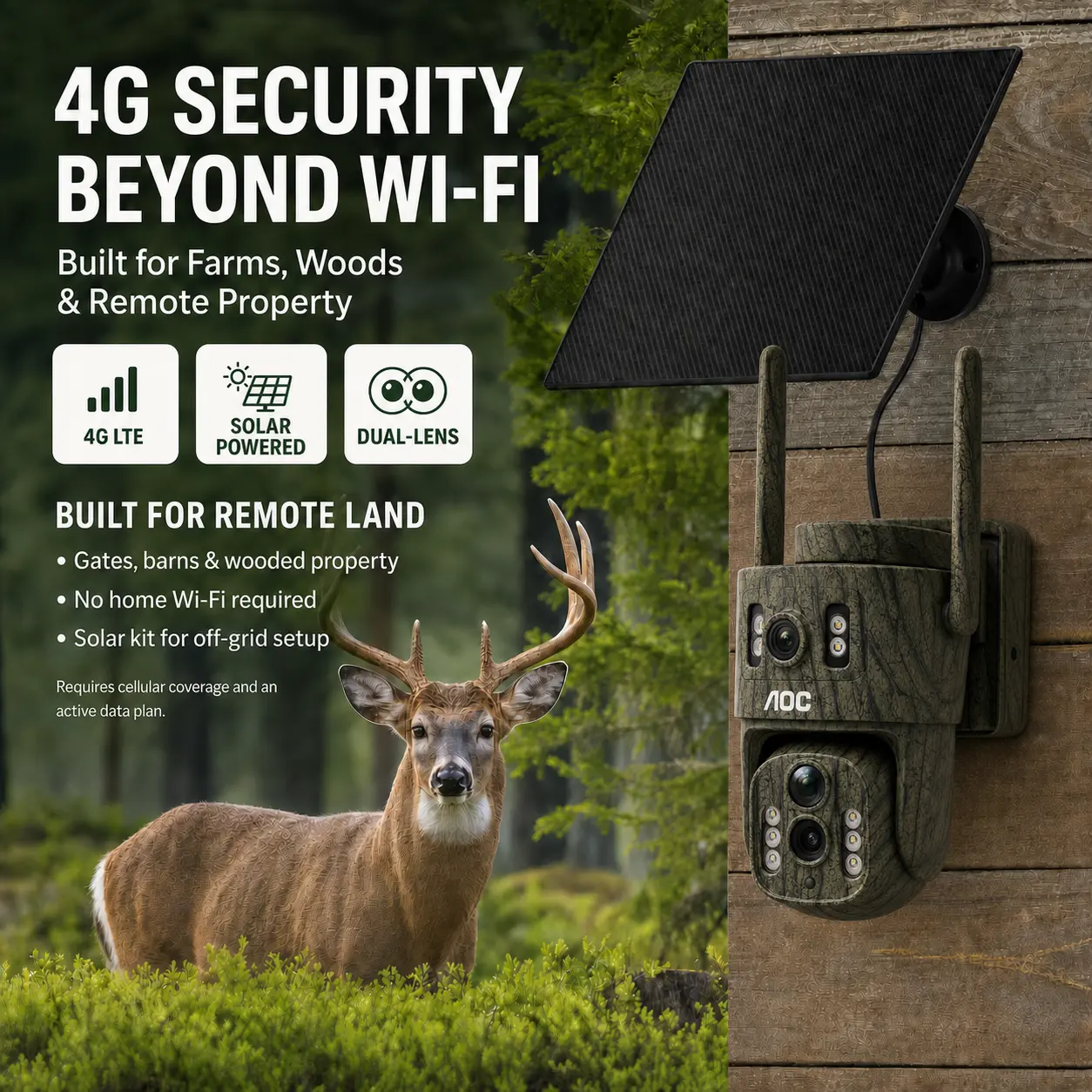 AOC 4G LTE Solar Security Camera for Farm, Orchard and Woodland, Discreet Outdoor Surveillance, No WiFi Needed, Dual 2MP Lenses, 350° Pan 90° Tilt, Motion Detection, Color Night Vision, AOV Recording, IP65