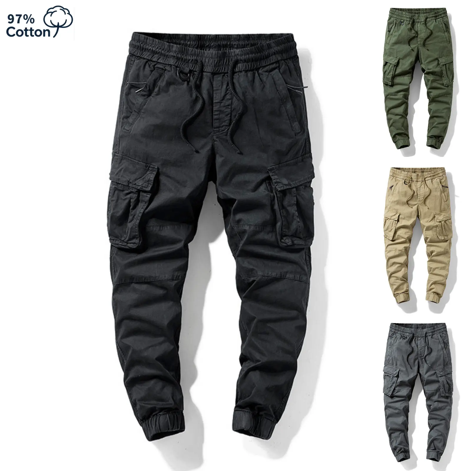 Men’s four-color drawstring waist cargo jogger pants with 3D flap pockets, washed distressed finish, trendy casual long pants