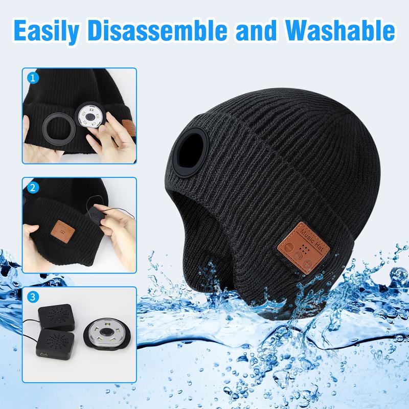Bluetooth Beanie with Flashlight, LED Hat with Cordless Headphones, USB Rechargeable Unisex Hat, Hands-Free Lighting, Sports Mucis Headband, Bluetooth Headband, Perfect Christmas Gift