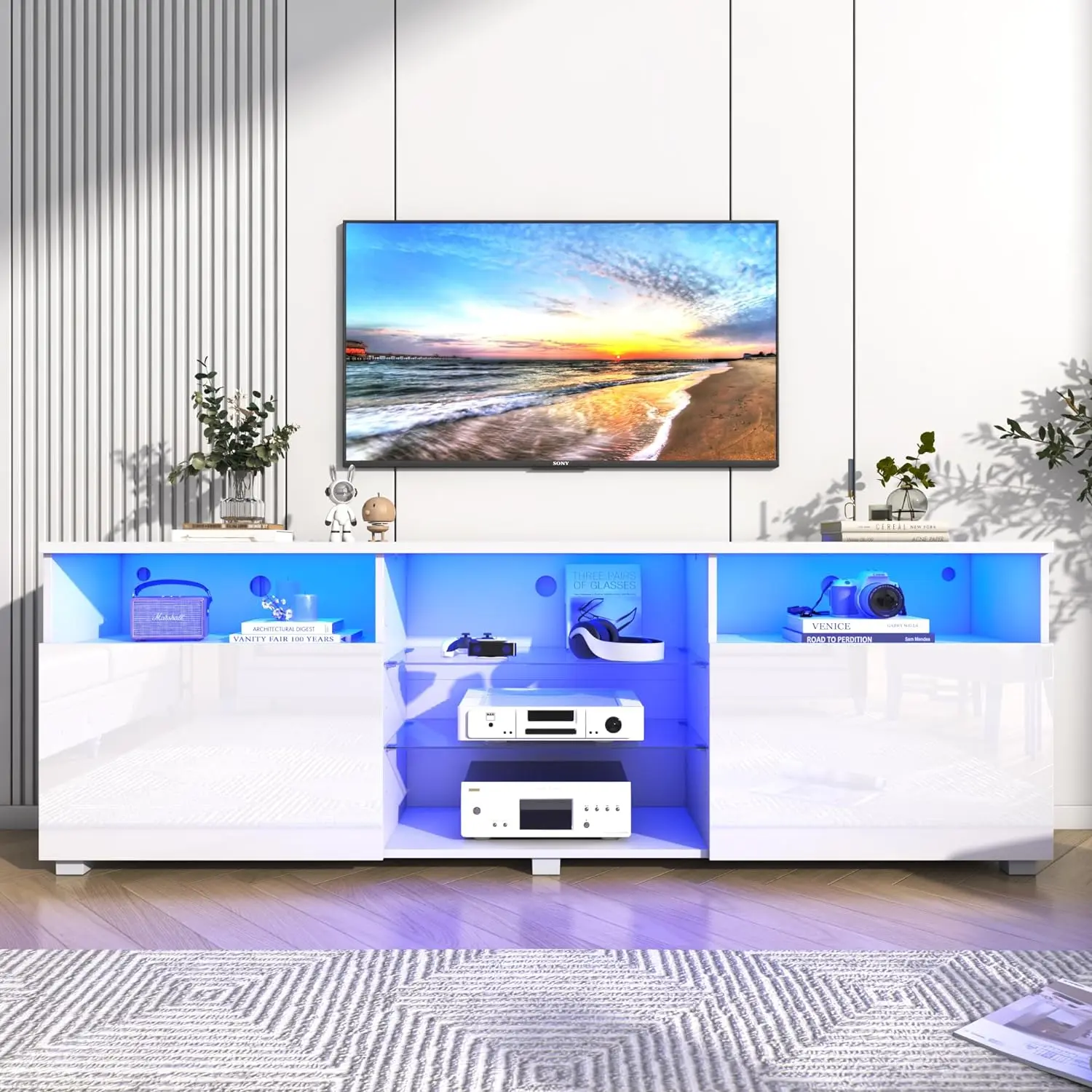 Modern LED TV Stand for 65-80 Inch TVs, High Gloss Media Console with RGB Lights & App Control, Storage Cabinet Entertainment Center for Living Room