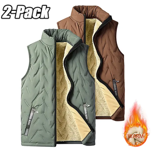 Men’s 2-Piece Casual Fleece-Lined Warm Sleeveless Plain Waistcoat Set - Regular Zipper Design, Suitable for Everyday Wear & Outdoor Activities, Autumn/Winter Menswear Outerwear