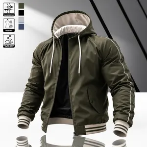 Men’s baseball jacket with hood, available in multiple colors, army green, urban collegiate style, loose fit, comfortable fabric, suitable for casual outings, campus fashion, and everyday streetwear.
