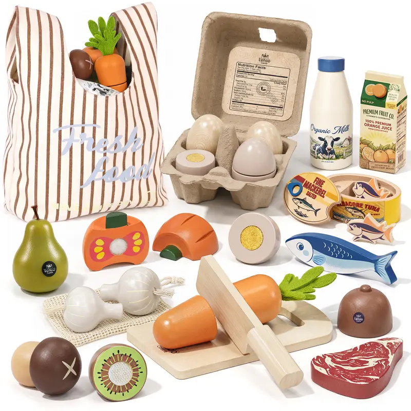 Lehoo Castle Wooden Cuttable Veggies Pretend Play Set - BPA-Free, Realistic Kitchen Accessories with Cutting Boards, Over 20 Accessories, 4 Food Groups, Shopping Bag, Occupations Learning Gift for Kids