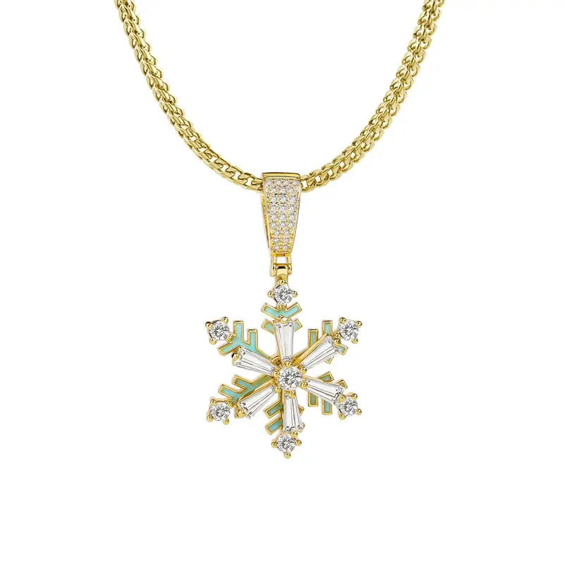 Unisex Metal Plated Gold Rotating Snowflake Necklace - Iced Out Cubic Zirconia Pendant Chain with Glow-In-The-Dark Synthetic Colored Gemstones, Hip Hop Costume Jewelry for Daily Wear, Valentine's Day Gift, Casual, Christmas, Anniversary