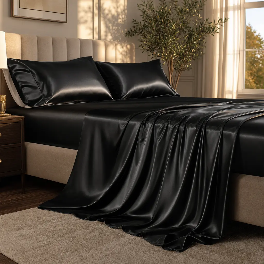 Sasttie Satin Sheets Queen Size - 4 Pieces Luxury Soft Black Silky Bed Sheets Set with Pillowcases - Smooth Silk-Like Satin Fabric, Reinforced 14 Inches Pocket, Oeko-Tex Certified