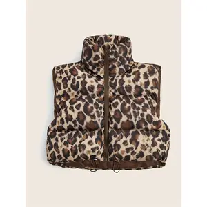 Leopard Print Drawstring Zip Up Padded Vest Jacket, Casual Sleeveless Warm Gilet Jacket For Fall & Winter, Women's Clothing